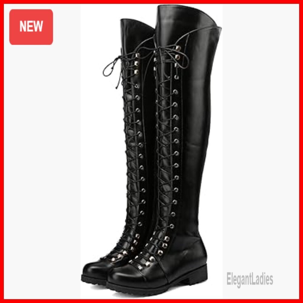 Over The Knee Flat Boots Lace-Up Riding Boots PU Leather 22.4" Shaft